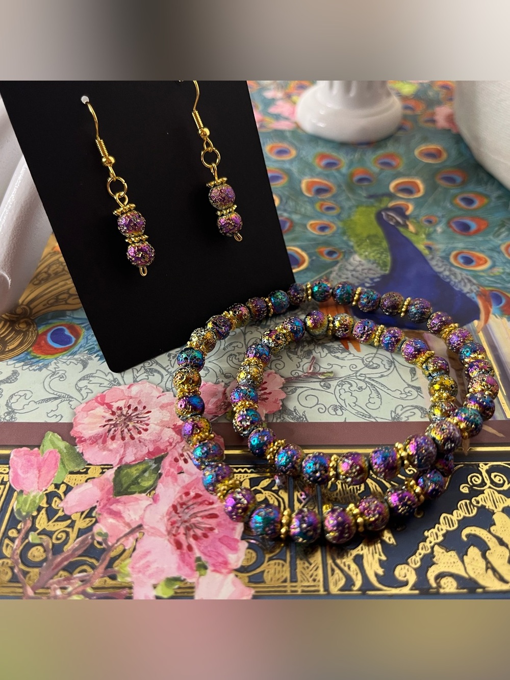 Rainbow Druzy Bracelet & Earrings Set Gold Accents Handmade Sparkle Jewelry - Picture 4 of 9